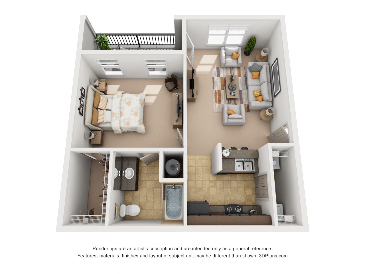 Floor plan for 1 bed, 1 bath, 687 sqft